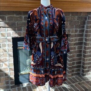 FARM Rio Blue Nature Beauty Scarf Mini Belted Long Sleeve Velvet Dress Size M